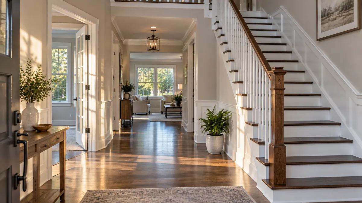 Wide view from the front foyer of a freshly cleaned home, the staircase and the hallway beyond clear and bright in daylight