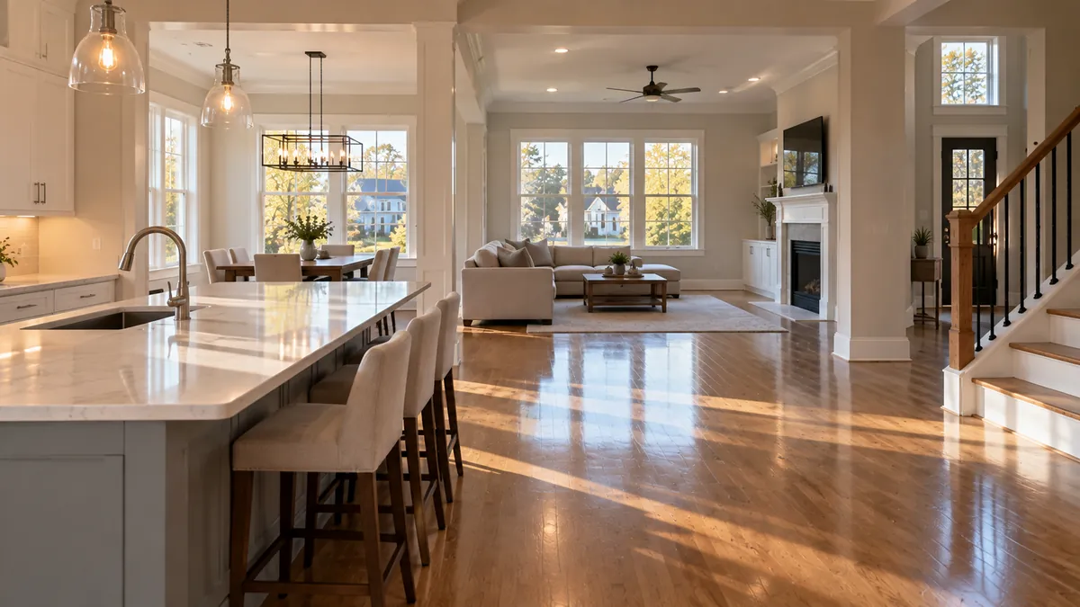 The main floor of a finished home after a full cleaning, seen from the kitchen across to the living room, every counter clear and the floors freshly mopped in daylight